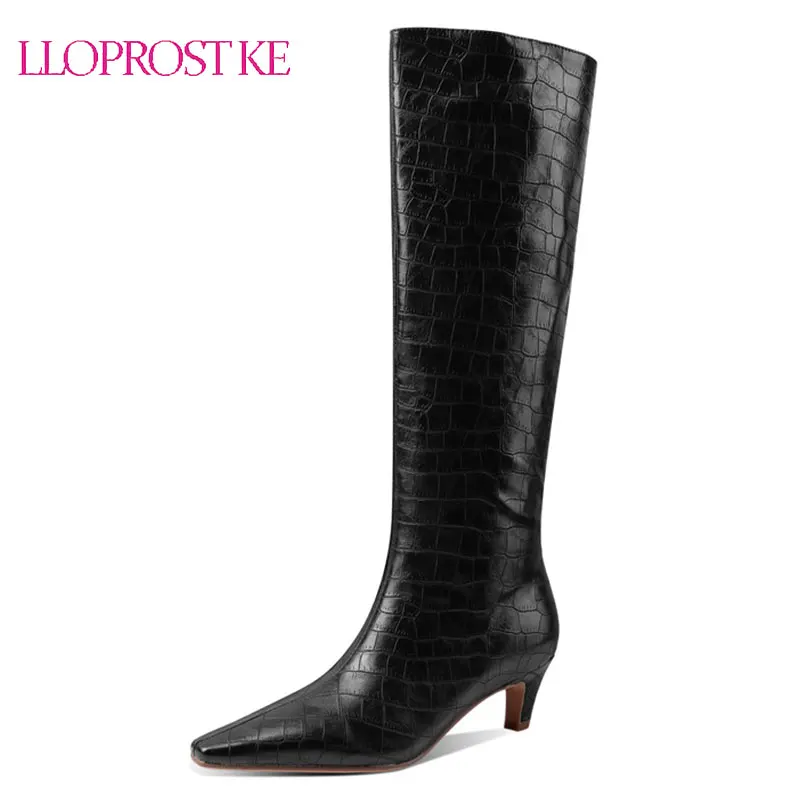 

Lloprost ke Black Brown White Women Knee High Boots Faux Leather Women Thick Heel Boots Slip on Square Toe Woman's Boots 2021