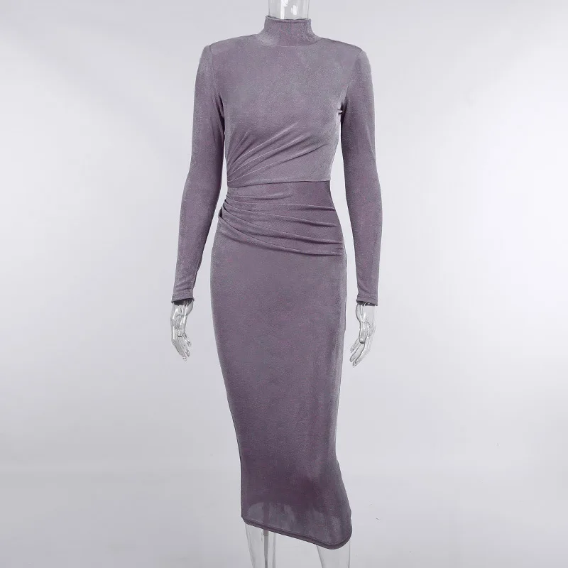 2024 vestido largo de terciopelo de invierno para mujer, hombrera, cuello alto, pliegue, ajustado, manga larga, ceñido al cuerpo, fiesta, noche, vestidos de otoño para mujer