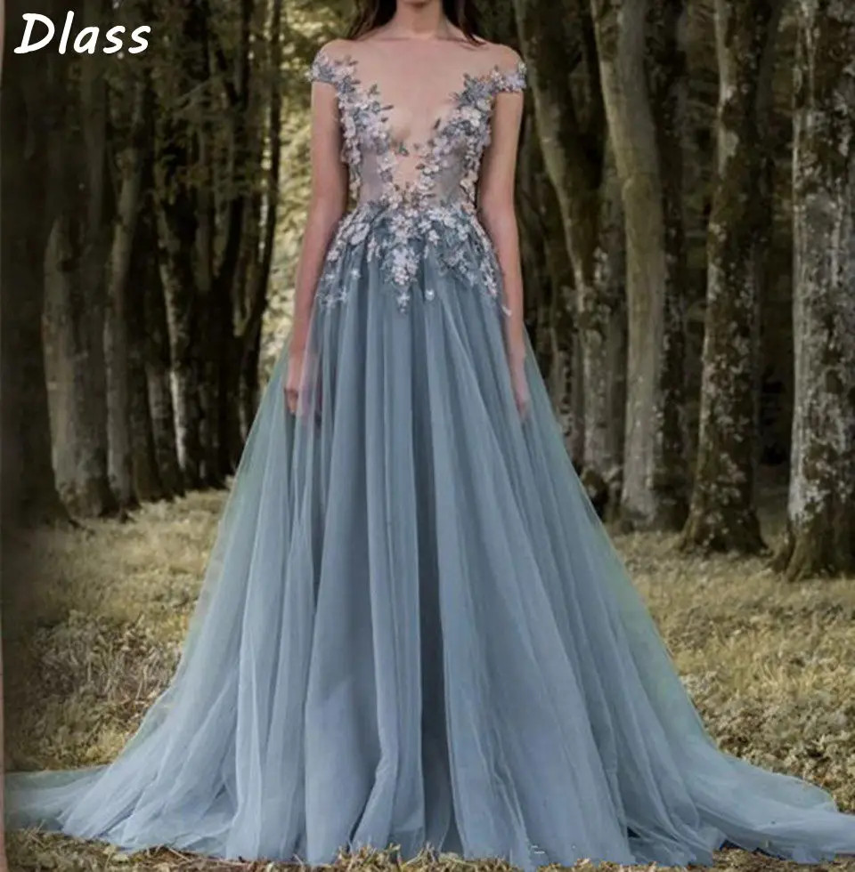 2020 Prom Jurken 3D-Floral Applicaties Korte Mouw Kanten Jurk Avondkleding Sheer Hals Bloem Vintage Lange Formele Partij Jassen