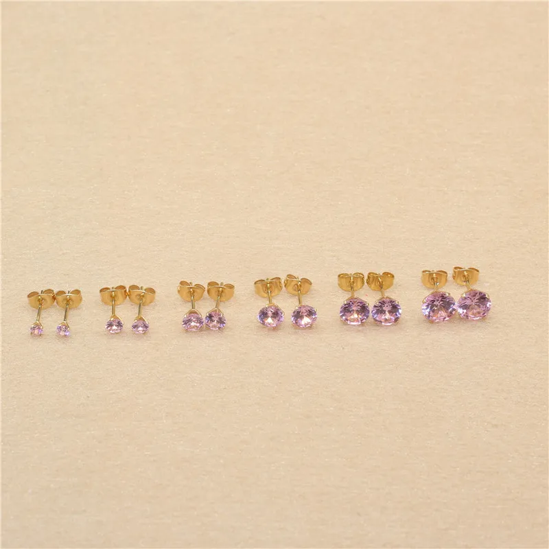 Mini-Ohrstecker aus Edelstahl mit rosa AAA-Zirkonia, 3mm bis 8mm rund, echte goldfarbene Beschichtung, nicht leicht verblassend, allergiefrei – Detail 4