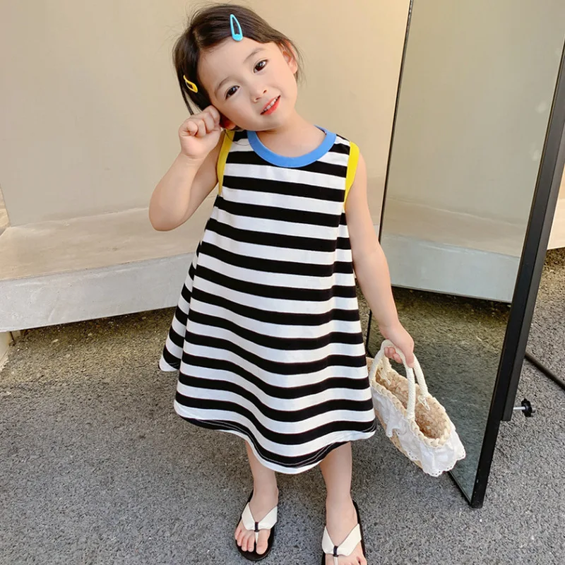 Summer Girls Dress 2021 New European American Style Simple Cool Loose Striped Vest T-Shirt Dresss Kids Children\'S Clothing