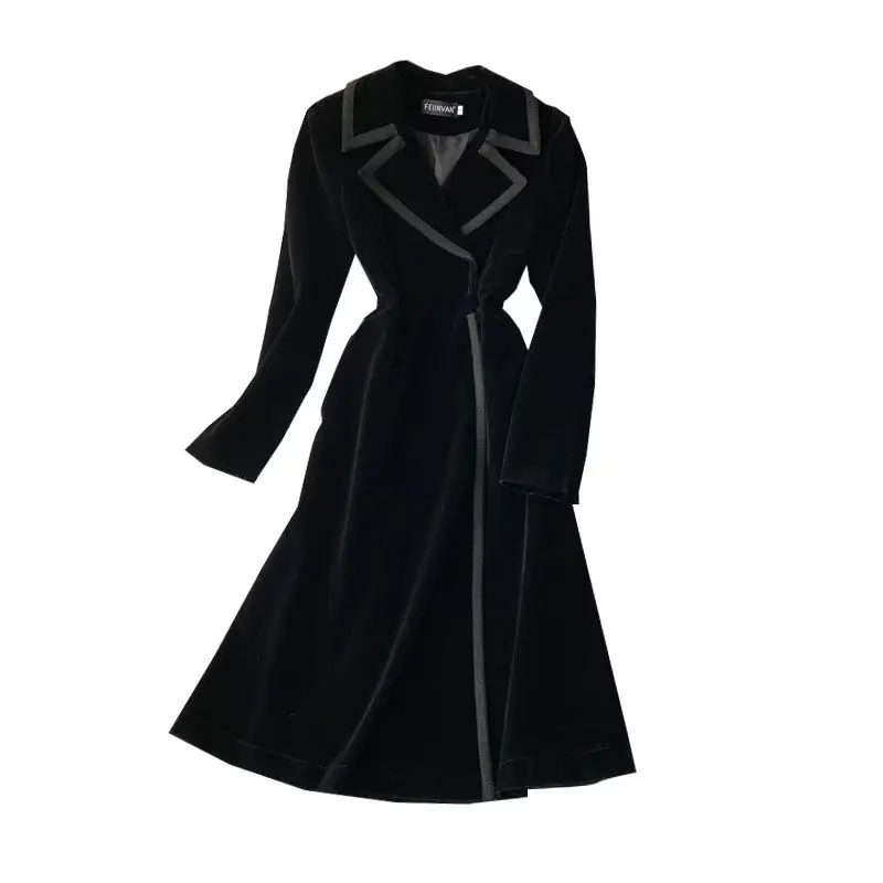 Herbst Und Winter Schwarz Samt Blazer Kleid Lange Über Den Knie Mode Temperament Maxi Windjacke Jacke Frauen Dünner Mantel M1180