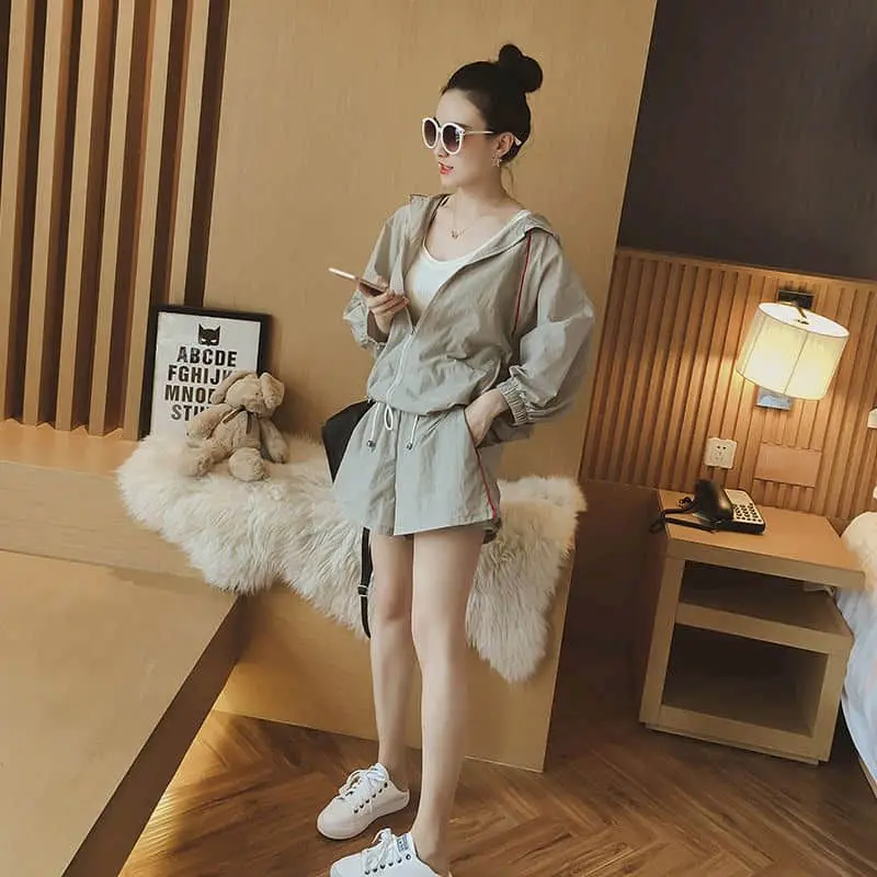 Women's Suits Large Size Sports Suit Korean Loose Thin Oversized Hoodies And Shorts Outdoor Leisure Sun Protection Two Piece Set
