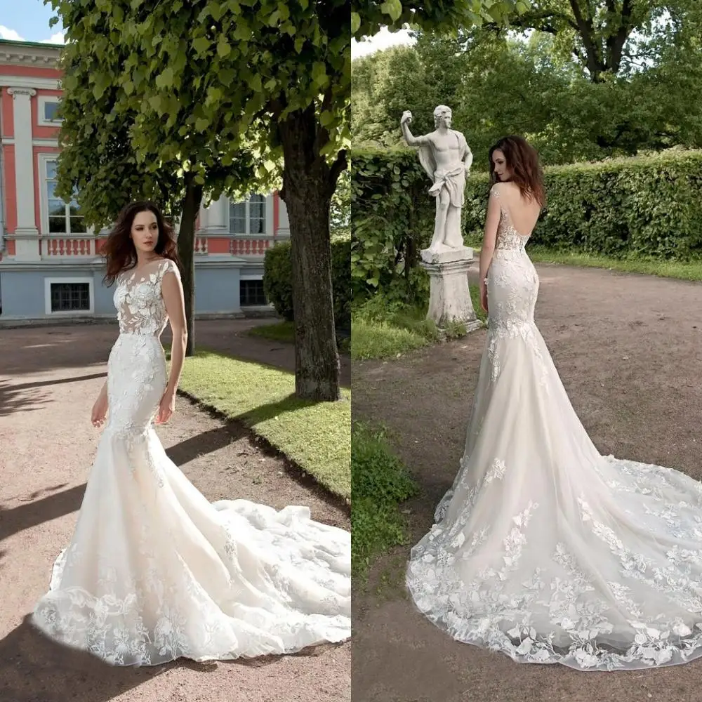 

2020 Mermaid Wedding Dresses Jewel Capped Sleeves Lace Appliques Bridal Gowns Custom Made Open Back Sweep Train Wedding Dress