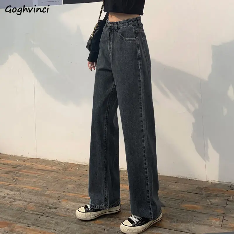 

Jeans Women Spring Black Long Denim Solid Vintage Washed Korean Style Womens Students All-match Simple Leisure Streetwear Chic