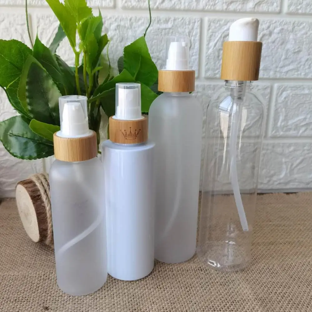 

Printing Refillable Portable Empty Bottles frosted/white/clear plastic bottles bamboo disc cap spray lotion pump bottle 1oz 50ml