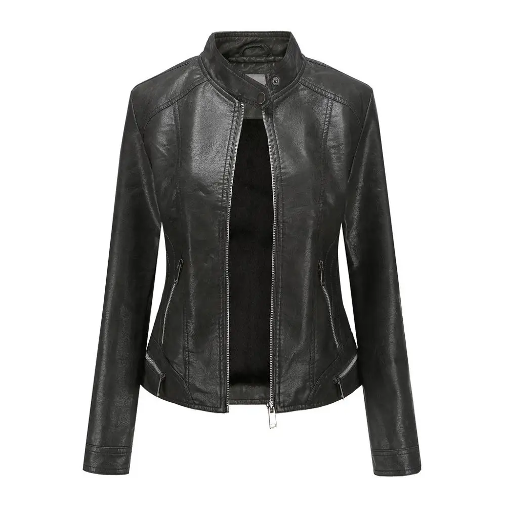 Winter Washed Plus Velvet Leather Jacket Women New Sanding Vintage Coat Long Sleeve Short Motorcycle Leather Coat Female Clothes