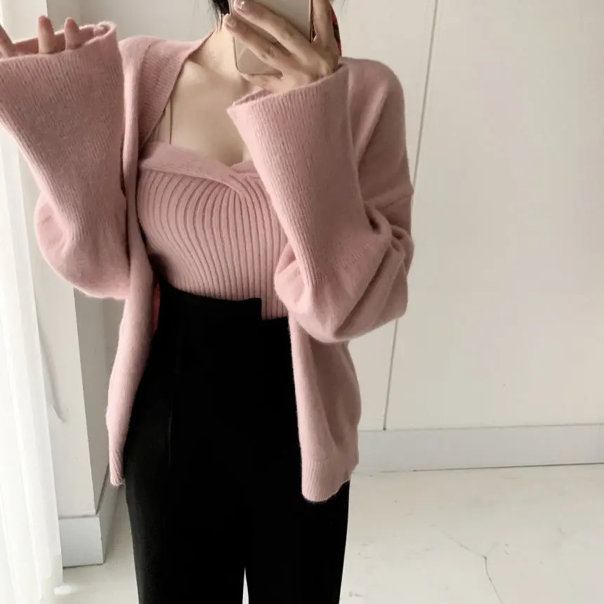 Two Pieces Sets Women Knitted Cardigan 2021 New Long Sleeve Knitwear Coat + Slim Basic One Word Collar Vest Autumn Sweater Suits