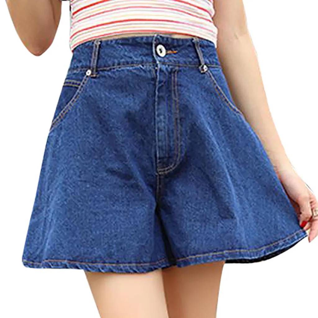 Women\'s Denim Shorts Classic Vintage High Waist Blue Wide Leg Female Ladies Shorts Jeans