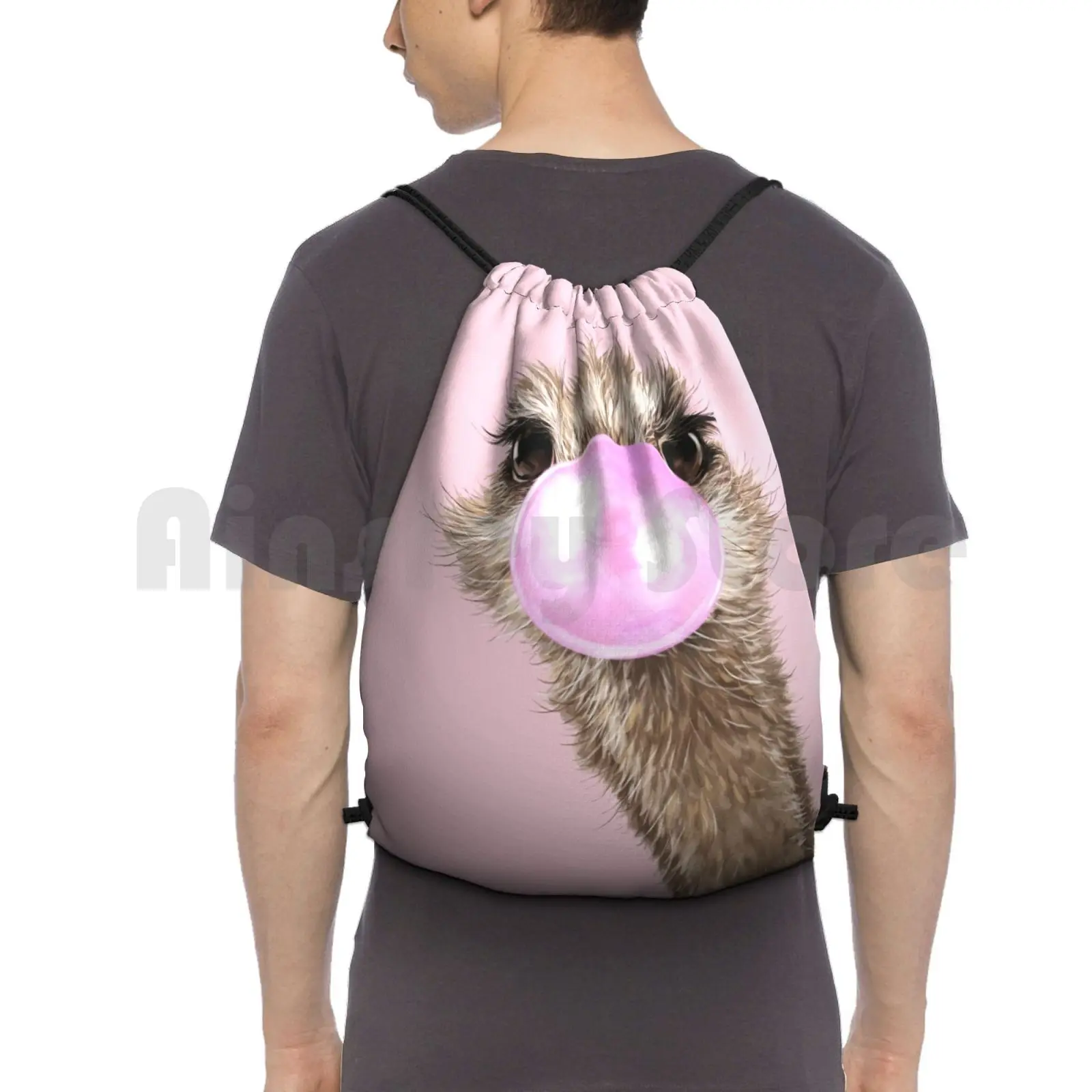 Sneaky Ostrich With Bubble Gum In Pink Backpack Drawstring Bags Gym Bag Waterproof Animal Animals Bird Cute Adorable