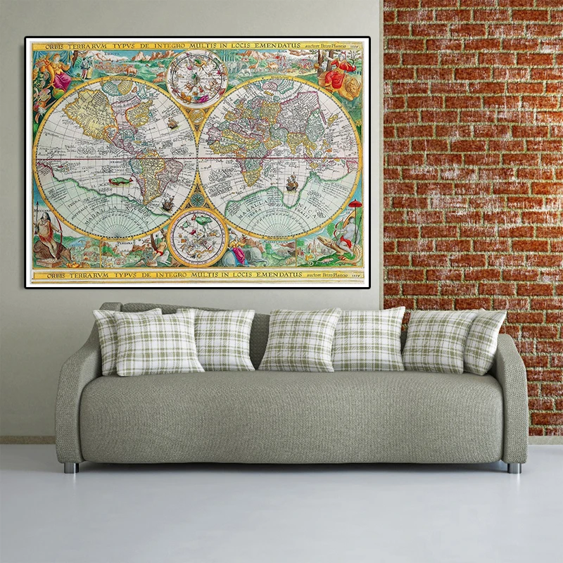 Pintura sobre lienzo no tejido con mapa del mundo Vintage, póster artístico de pared clásico, tarjeta decorativa para decoración del hogar y la Oficina, 225x150 cm, 1594