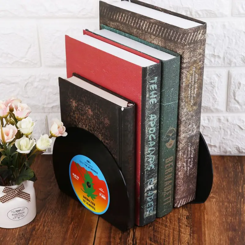 2pcs Creative Record Shape Bookends Shelves Organizer Desktop Holder Stand Retro