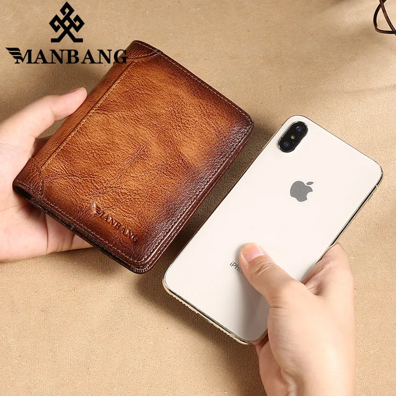 ManBang HOT Genuine Leather Men Wallet Small Mini Card Holder Male Wallet Pocket Retro purse wallet for men High Quality