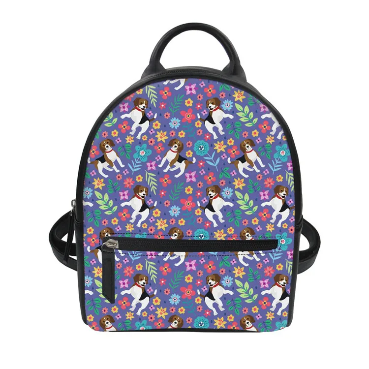 

Purple Floral Beagle Backpack Women Travel Leather Bag Back Packs for Female Ladies Daily Storage Daypack Custom