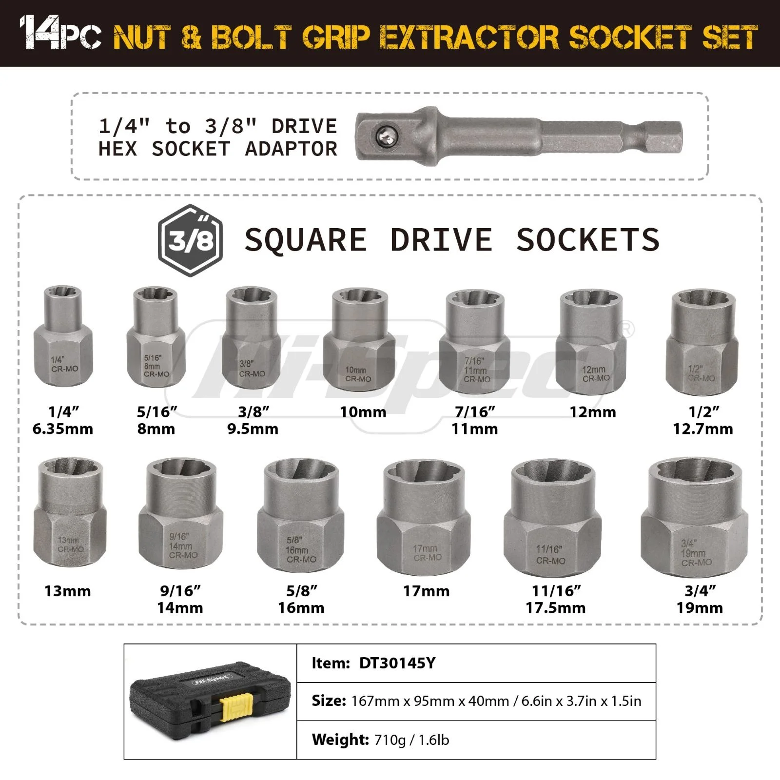 Hi-Spec 14pc Extraction Socket Set, Impact Bolt Nut Remover Set, Bolt Extractor Tool Set for Removing Damaged Bolts Nuts Screws