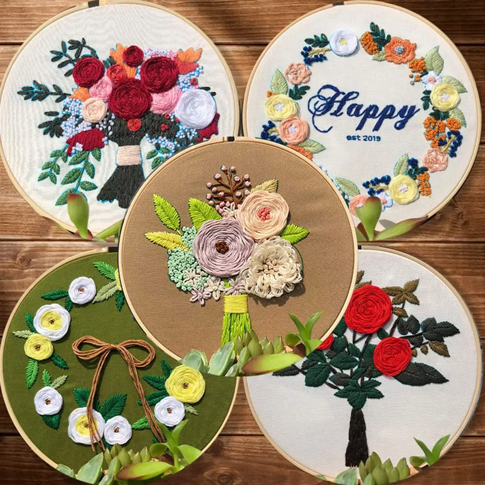 

2 Sets Wreath Flower Bouquet 3D Embroidery Knitting Kits Needlework Cross Stitch DIY Decorative Paintings Beginner Tools Package