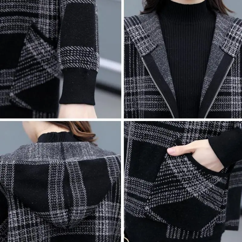 Blended Wool Coat Women Autumn Winter Jacket New Plaid Short Woolen Coat Pocket Zipper Jacket Korean Version Lady OuterwearR1650