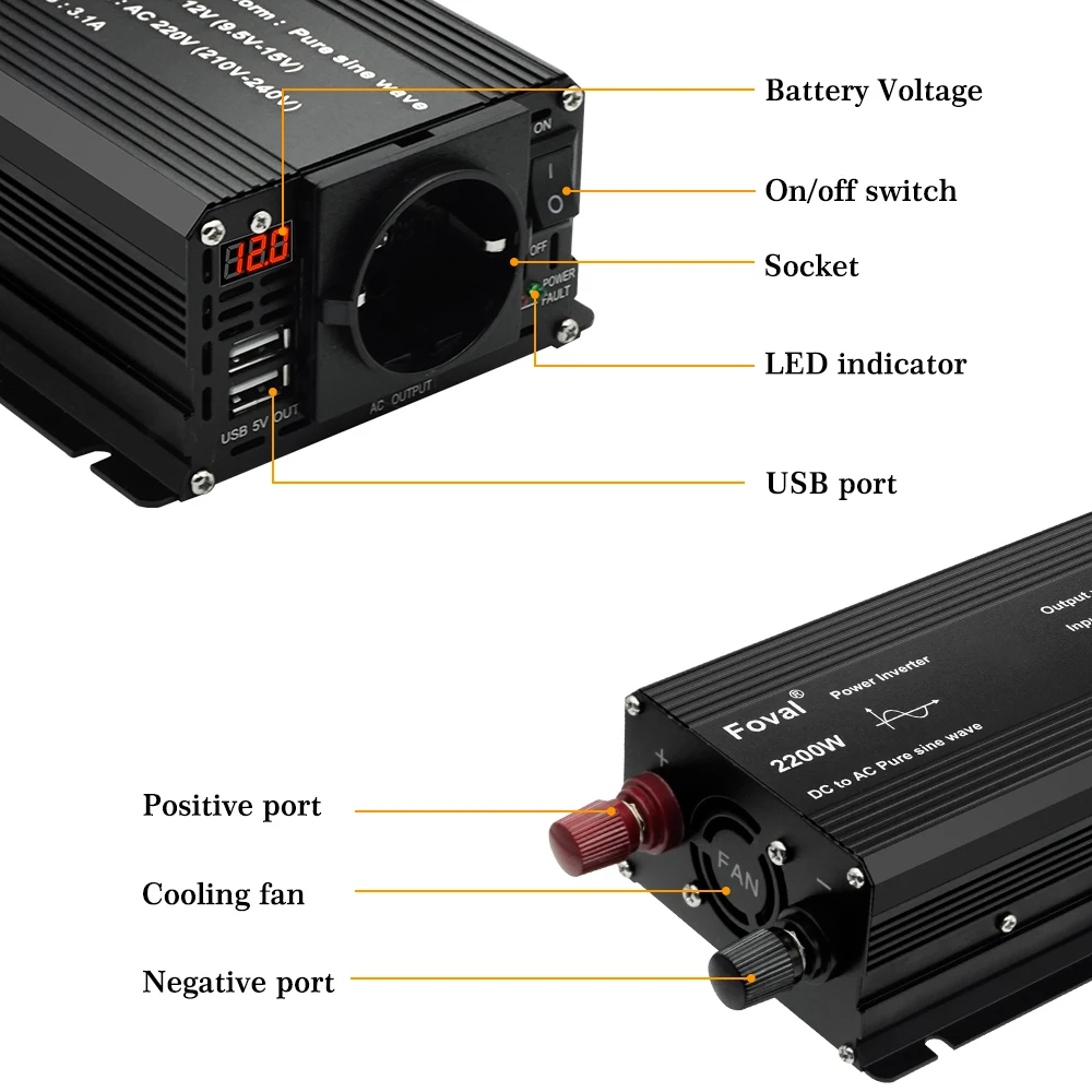 Pure Sine Wave Inverter DC 12V to AC 220V 230V 1500W/2200W/2600W/3000W LED Voltmeter Converter Transformer Universal EU Socket