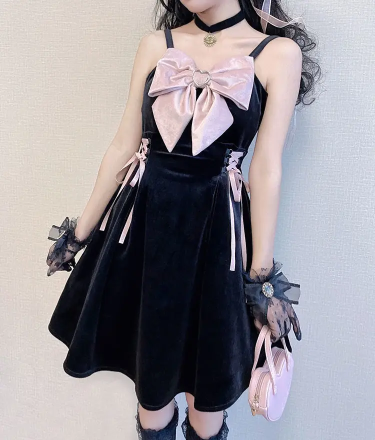 Różowa sukienka Lolita Kawaii Bow Bandage Slip Dresses Women Goth Black Sexy Sleeveless Y2k Female Party Sweet Cosplay Strap Dresses