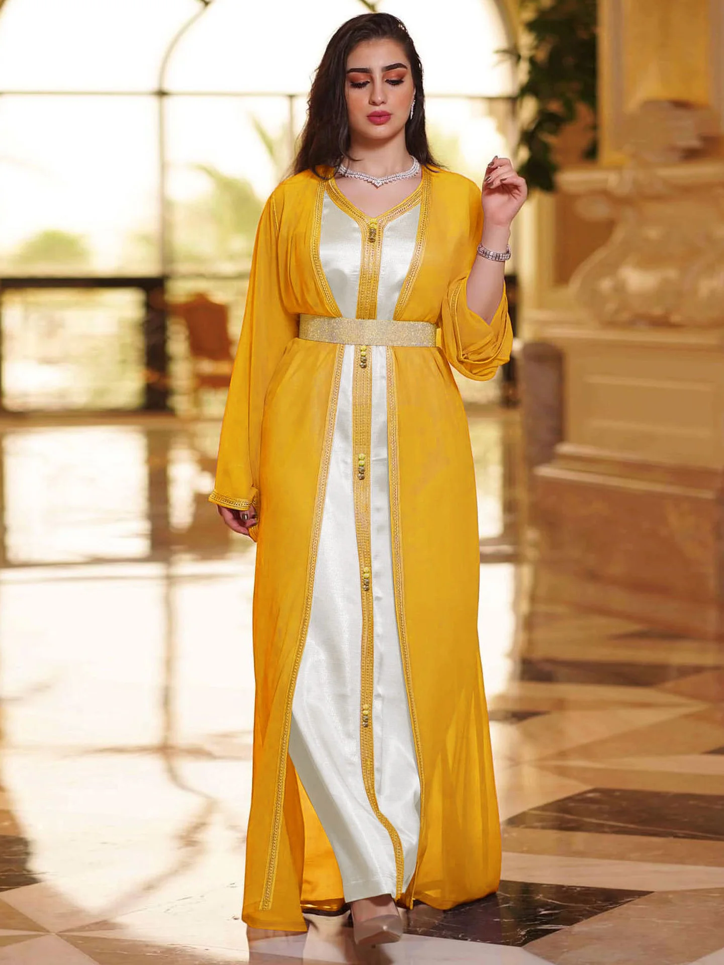 Diamonds Moroccan Takchita Kaftan Women, Chiffon Overdress+Satin Inner Dress, Arabic Party Wedding Gown, Muslim Ramadan Abaya