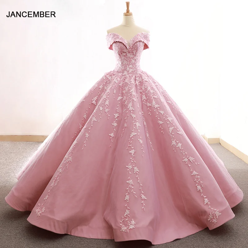 

RSM66590 lovely pink off shoulder shiny evening dress sweetheart floor length puffy pleat evening party dress quick shipping
