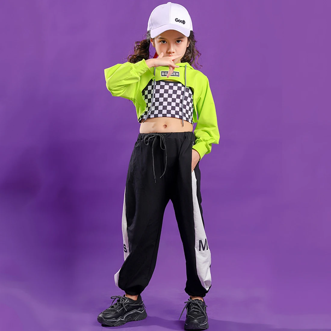 Lolanta Girls Hip Hop Dance Clothes Green Crop Top Or Black Green Pants / Plaid Vest Children Streetwear Performance Costume