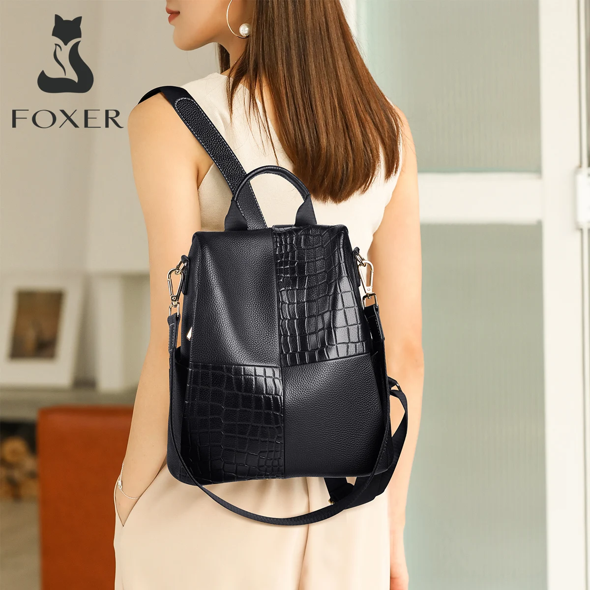 FOXER-Mochila feminina de grande capacidade, mochila de viagem, couro macio, bolsa de negócios, bolsa de ombro feminina casual