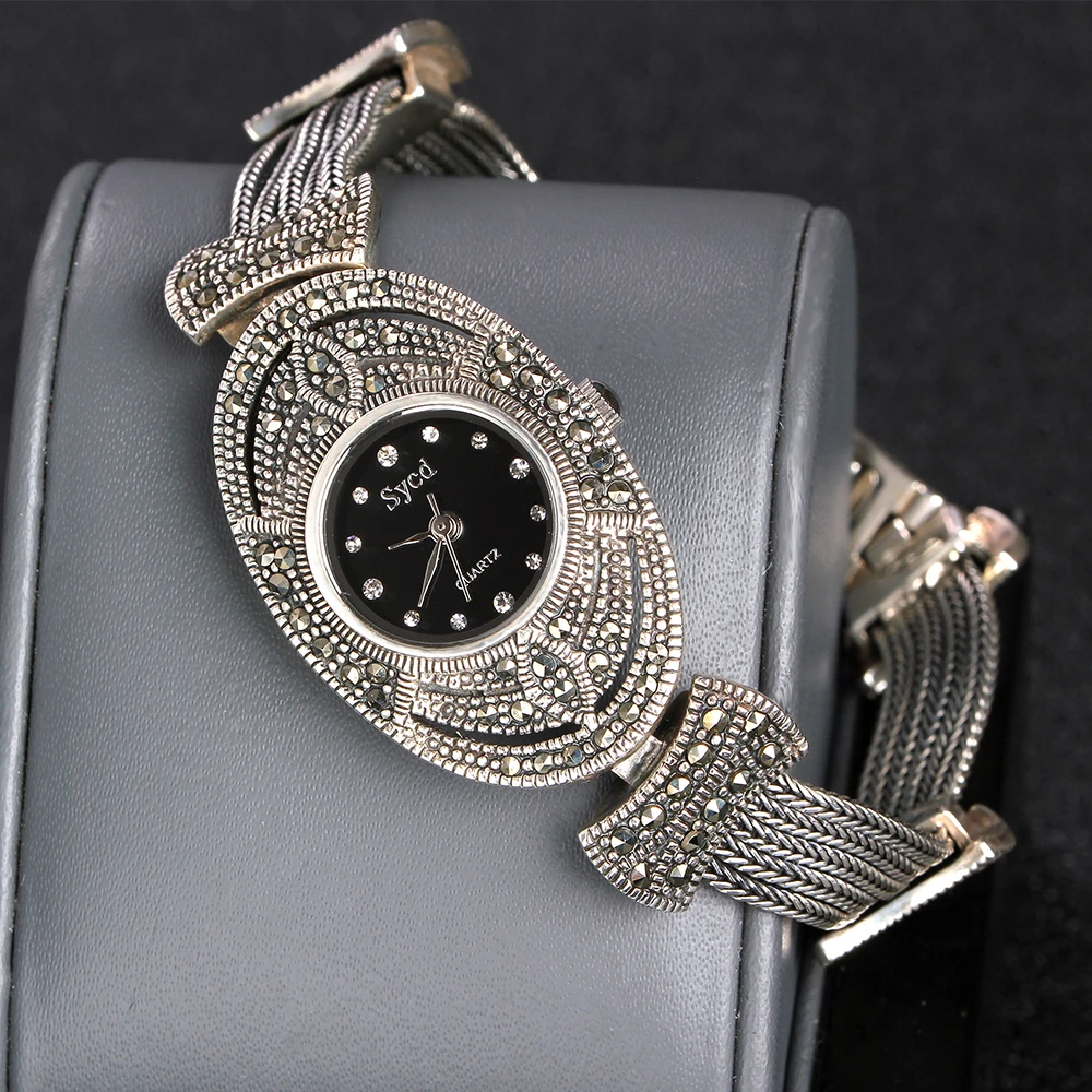 ZHJIASHUN Retro 100% 925 Sterling Silver Watch For Women Round Vintage Thai Silver Clock Female Bracelets Watch Jewelry