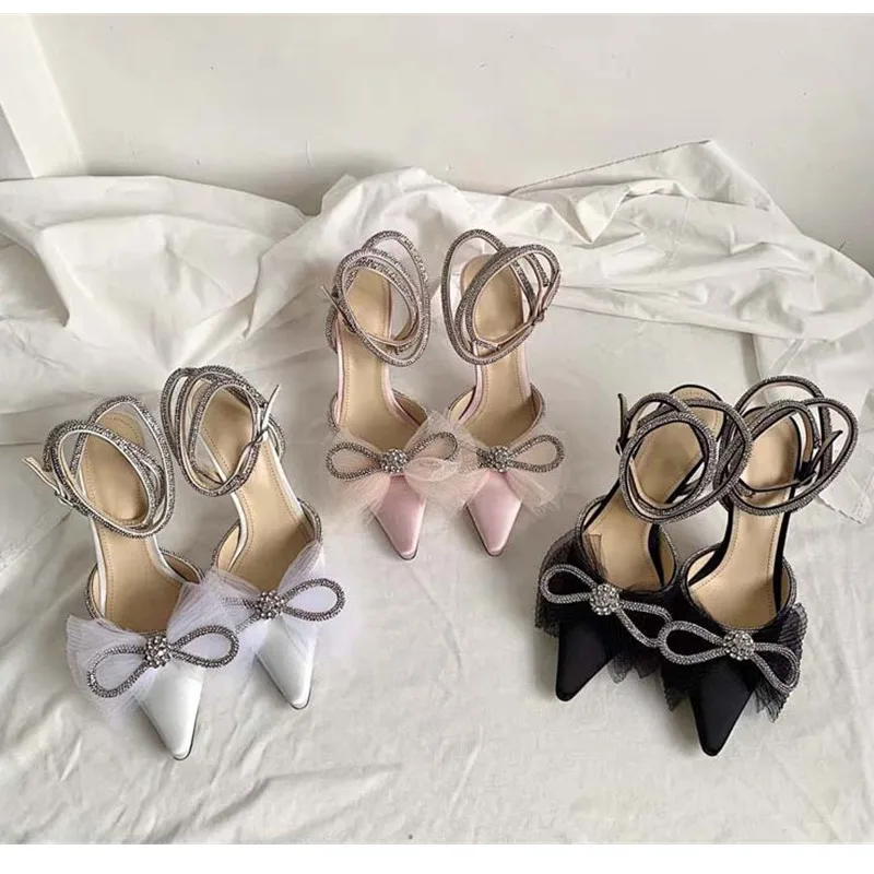 Brand Fashion Big Bowknot Women Pumps Luxury Crystal Satin High heels Party Prom Shoes Ankle Strap Summer Wedding Bridal Shoes