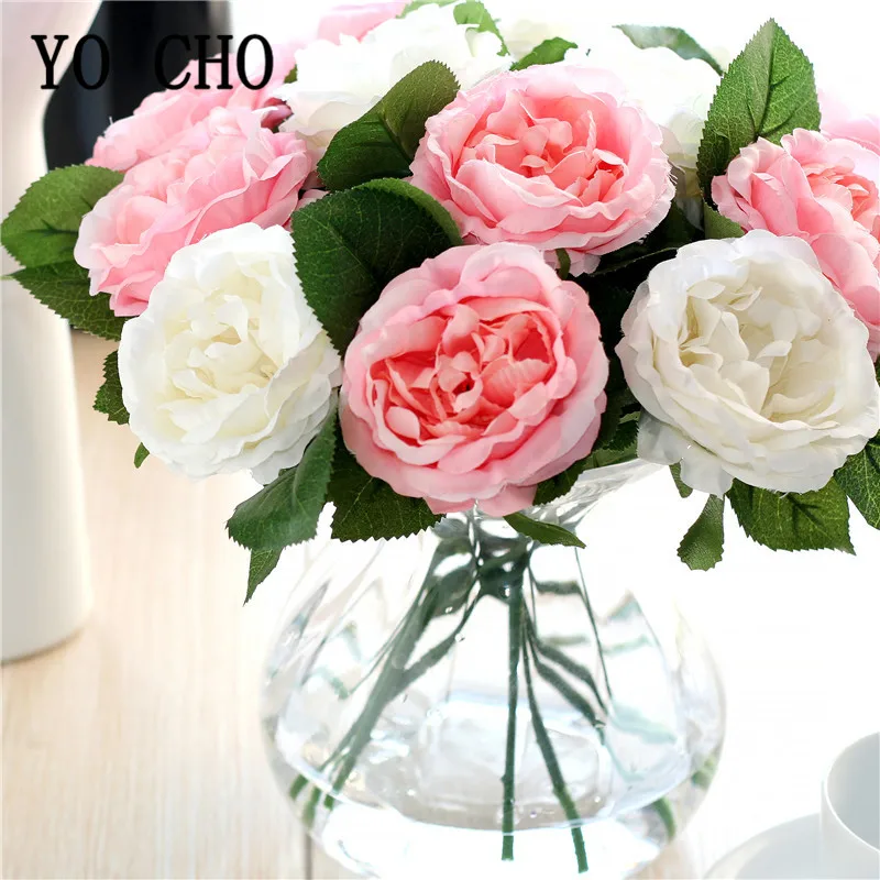 YO CHO DIY Bouquet Silk Rose Single Branch Wedding Flower Artificial Fake Rose Flower White Pink Home Party Wedding Decorations