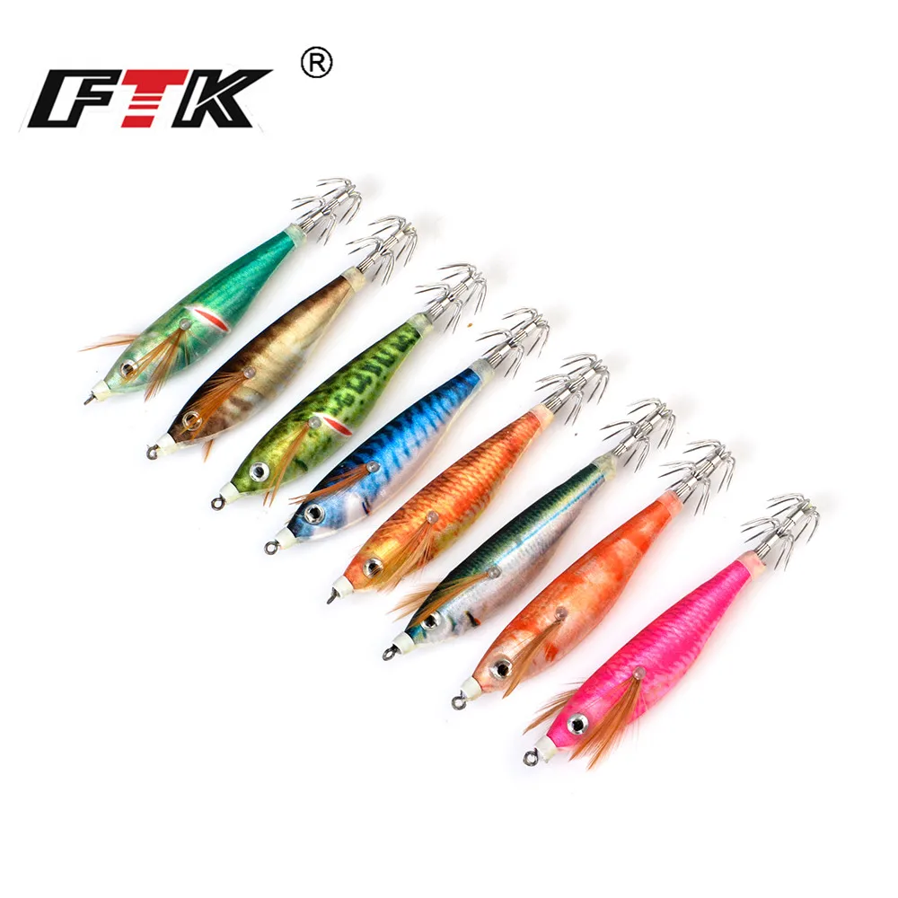 FTK Sea Fishing Lure Hard Bait Wood Shrimp 8cm 10g Fishing Wobbler Squid Hook Jig Artificial Lure  jigging Lure Octopus Bait