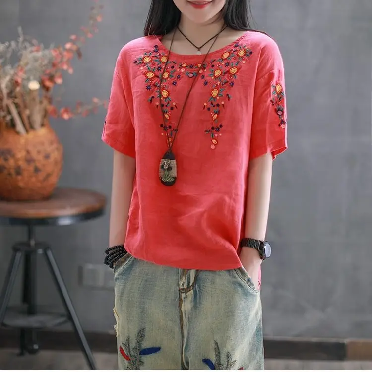 Phụ Nữ Áo Sơ Mi Trắng Thêu Hoa Cotton Và Vải Lanh Áo Thun Ngắn Tay Blusas Mùa Hè Retro In Lớn Kích Thước O cổ Top