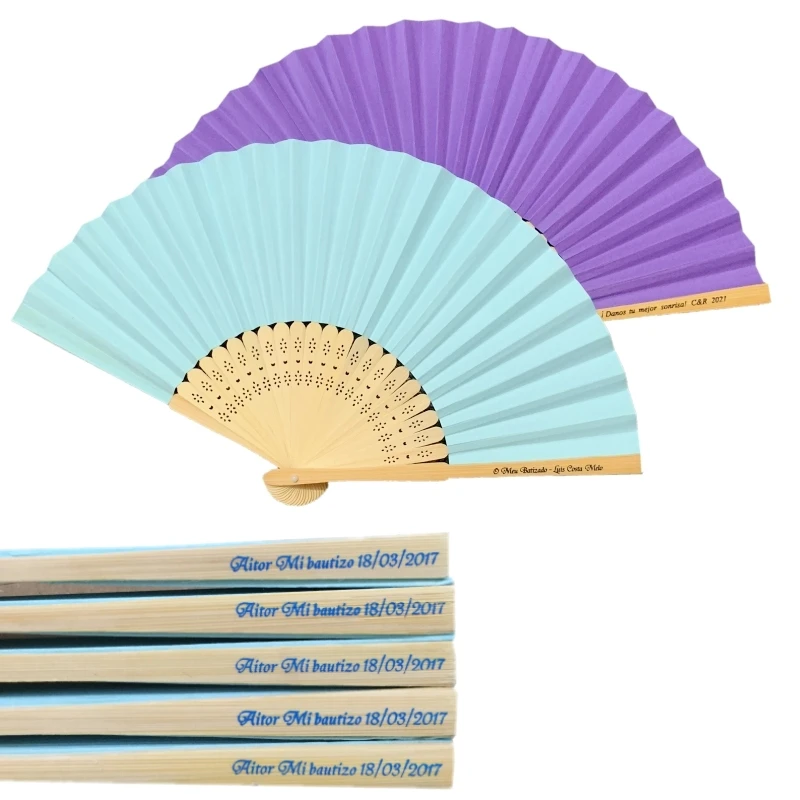 

50PCS Personalized Wedding Gift Favor Paper Hand Fan With 15colors Available In White Organza Bags For Guest