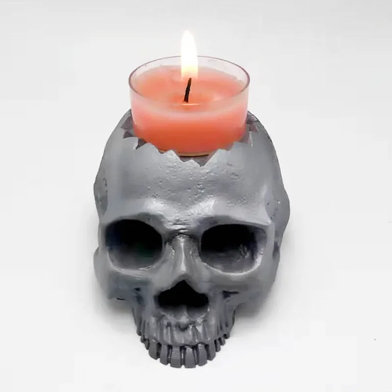 Silicone mold 3d skull candlestick diy concrete resin plaster model making mold Halloween decoration tools