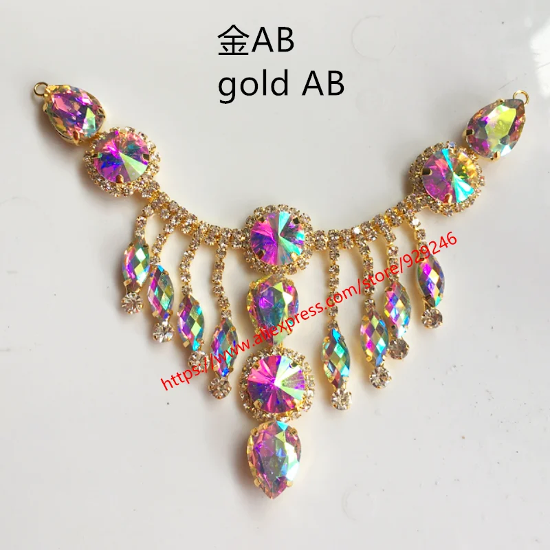 fashion gold AB glass crystal rhinestone applique with tassel dangle crystal trims for dress collar sewing decoration accessory