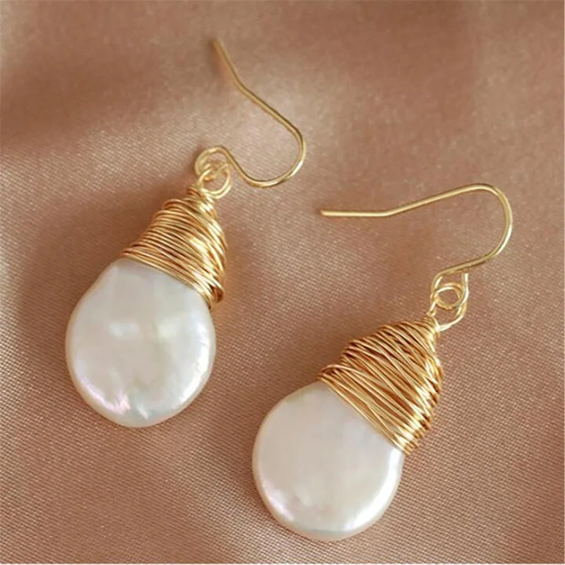 14-15mm White Baroque Pearl Earrings Gold Ear Drop Dangle Hook Classic Cultured AAA Luxury Jewelry