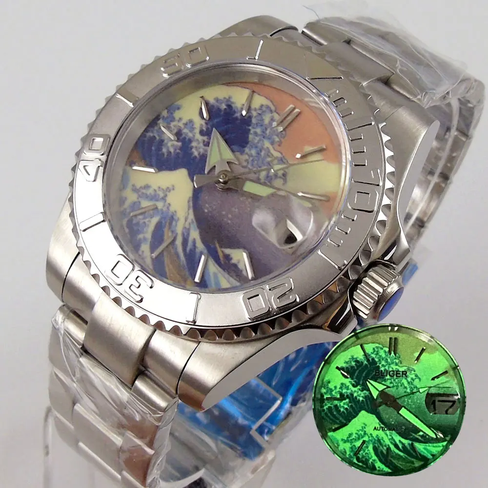 40MM Tandorio 24 Jewels NH35 Movement Automatic Men's Watch Green Lume Surfing Dial Sapphire Glass Date Display Bracelet