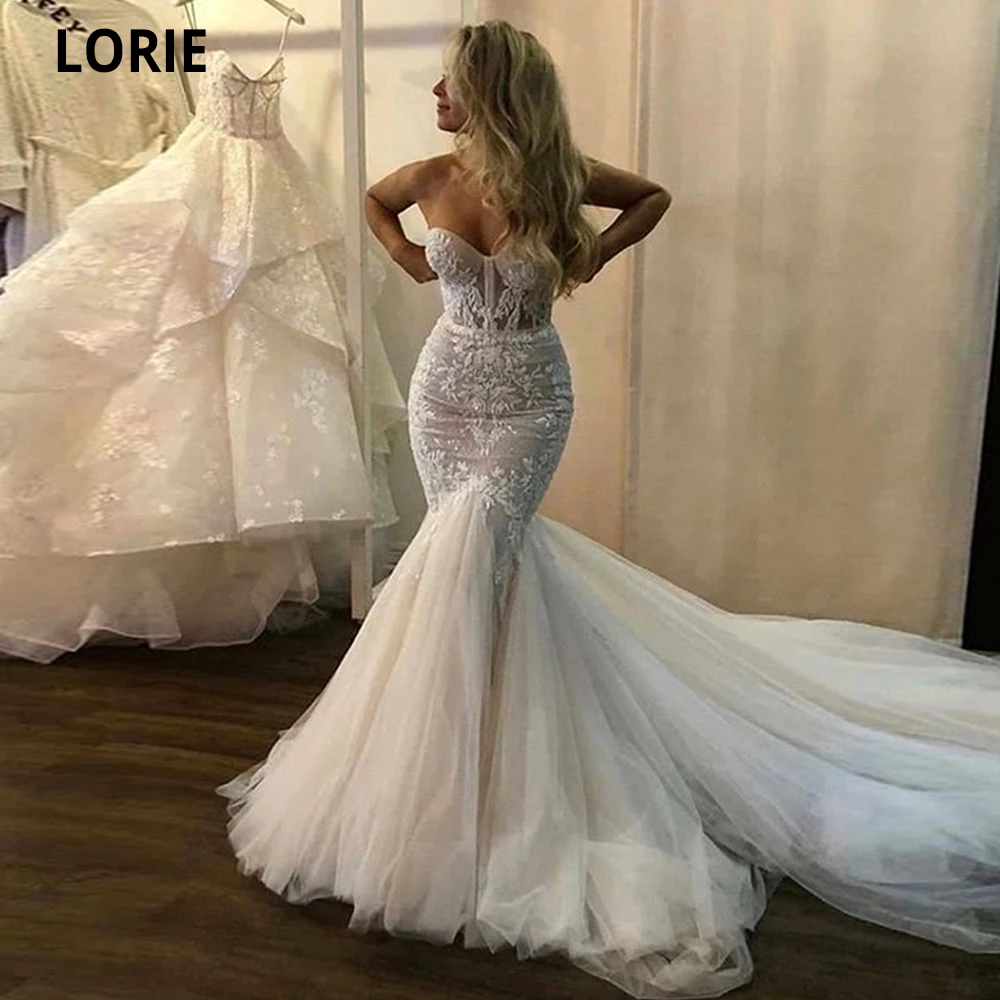 LORIE Lace Wedding Dresses Mermaid Strapless Boho Mermaid Bridal Gown Customized Princess Party Gown Puffy Tulle Bride Dress