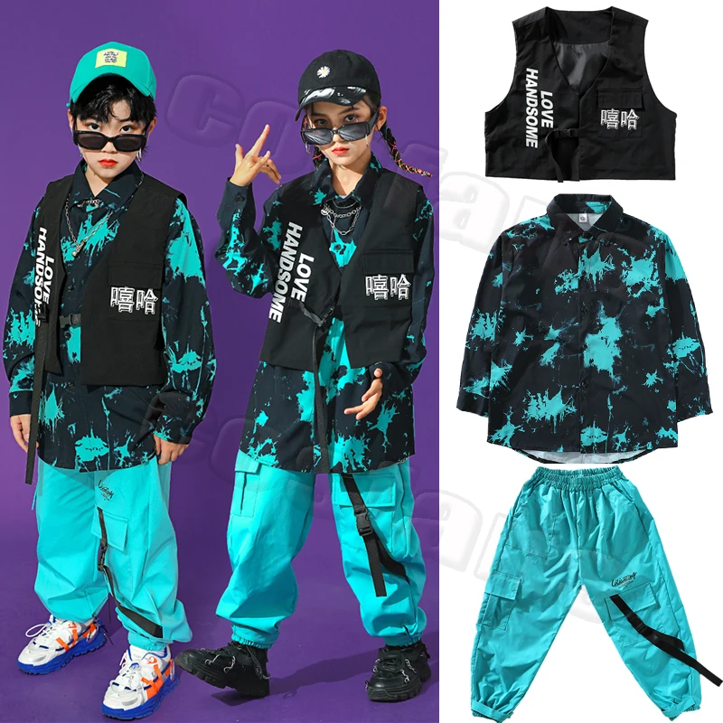 Korean Kids Tie dye Top Pants Cool Vest Jazz Dance Suit Children Girl Boys Hiphop Street Clothes Uniform Catwalk Performance