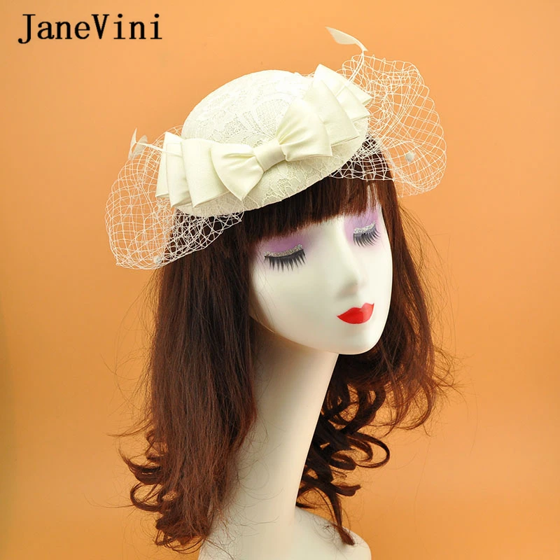 JaneVini Vintage Ivory Wedding Bride Hat Headwear Hair Clips Veil Bow Feathers Female Lace Hats for Women Prom Party Accessories