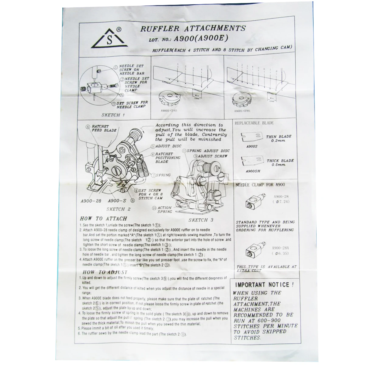 4 or 8 Stitch RUFFLER ATTACHMENT G900E 4 SINGLE NEEDLE INDUSTRIAL SEWING MACHINE #G900E