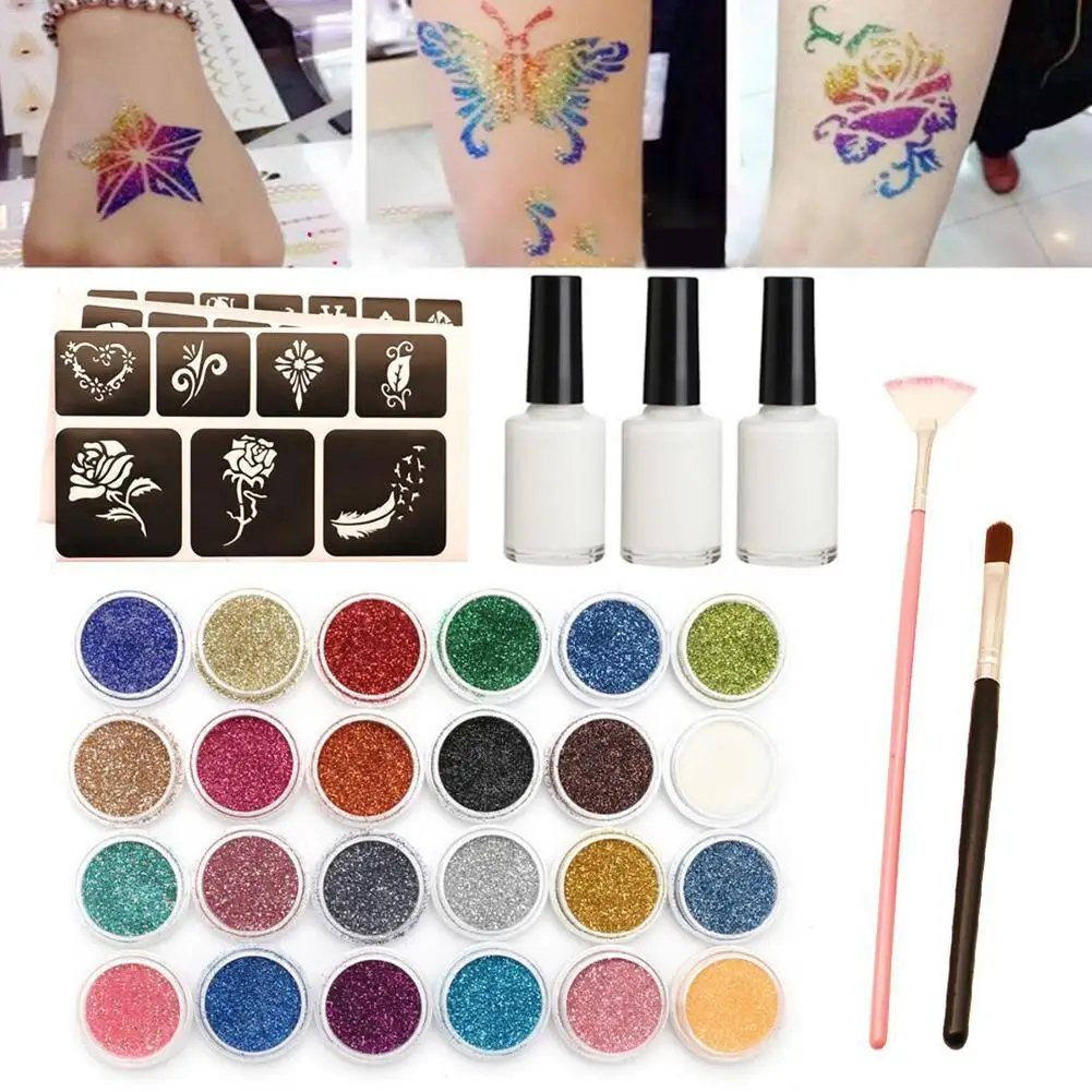 24 Glitter Colors Tattoo Kit With Stencil Glue Brush Makeup Body Glitter Body Art Design For People Body Painting Glitter Powder