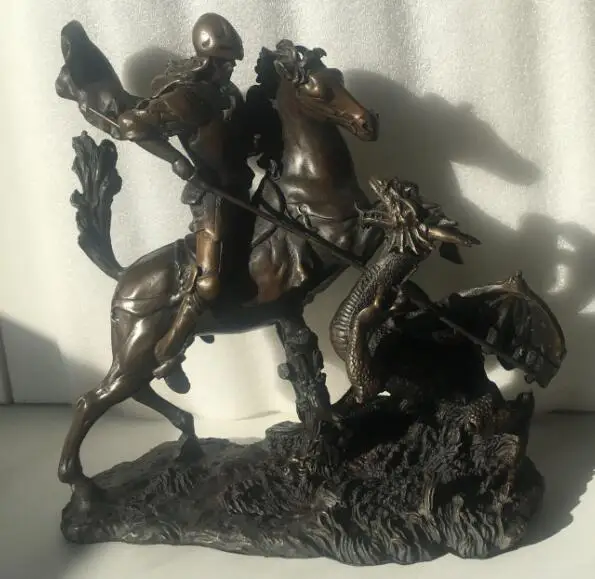 Western Art Deco sculpture Saint George and the Dragon bronze statue 28cm Long