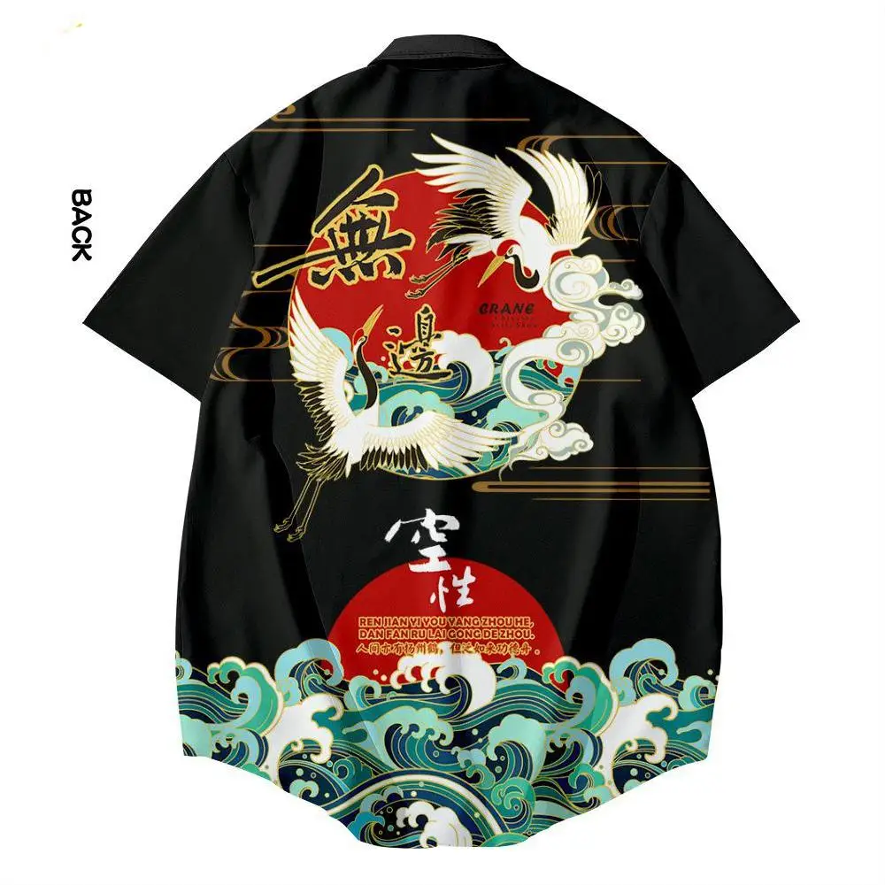 New Summer Lapel Short Sleeve Digital Printing Tide Brand Men's Crane Wave Loose Thin Jacket