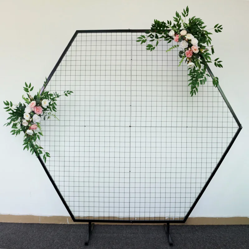 

Wedding Props Wrought Iron Mesh Hexagonal Arch Artificial Flower Arrangement Decoration Geometric Shelf Party Stage Background