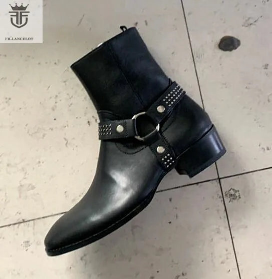 Men Chelsea Boots Black Genuine Leather Cross Buckle  Ankle Boots Flats Side Zipper big size 45 46 for shoes man