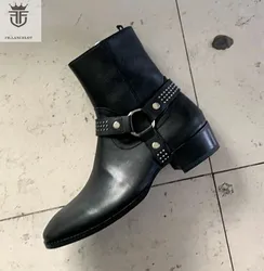 Men Chelsea Boots Black Genuine Leather Cross Buckle  Ankle Boots Flats Side Zipper big size 45 46 for shoes man