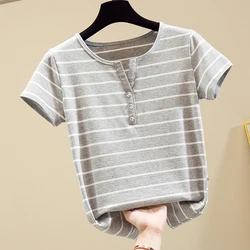 Camisetas Mujer Vintage T-Shirt Striped T Shirt Women Summer Tops Short Sleeve Tshirt Women Clothes Button Cotton Tshirt Femme