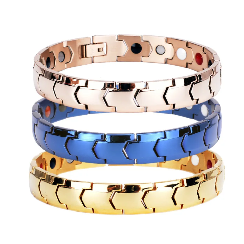 Pulsera magnética de terapia de salud de Color dorado Punk de 11mm para hombres y mujeres, brazalete de energía con imán de bicicleta de acero inoxidable azul Hiphop, joyería