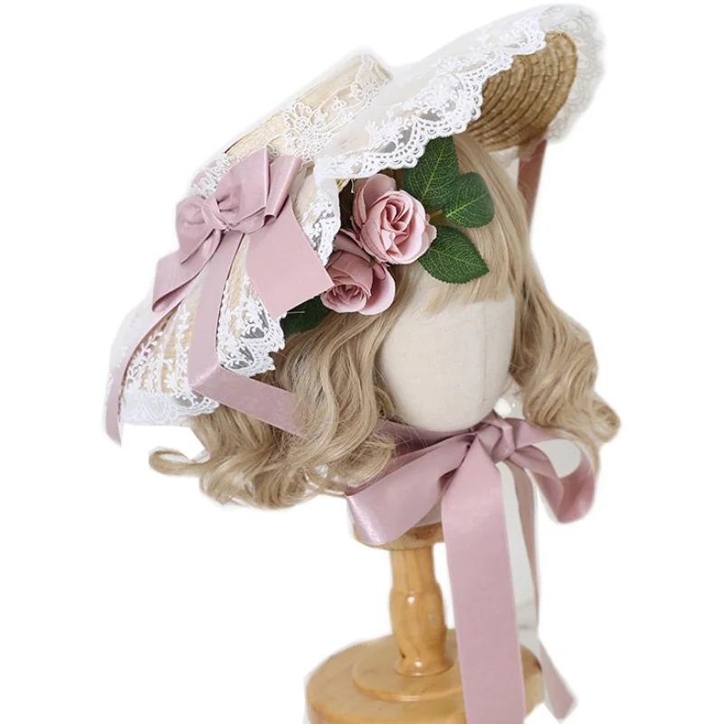 Retro Women Lolita Bonnet Straw Sun Hat Flower Lace Wide Brim Headdress Afternoon Tea Party Accessory